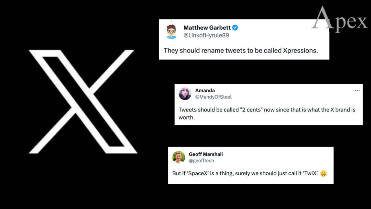 Large X logo alongside humorous social media posts suggesting new names for tweets.