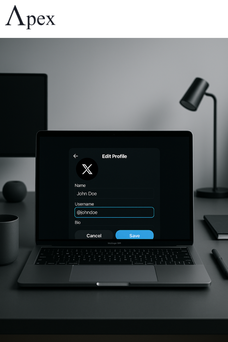 Editing Your X Profile Laptop displaying the Edit Profile screen on X with fields for name, username, and bio
