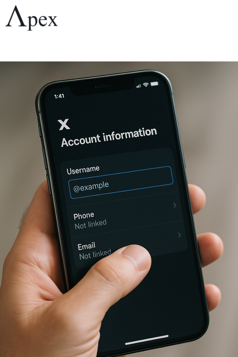 X Account Information Screen Hand holding a smartphone showing the Account Information screen on X with the username field