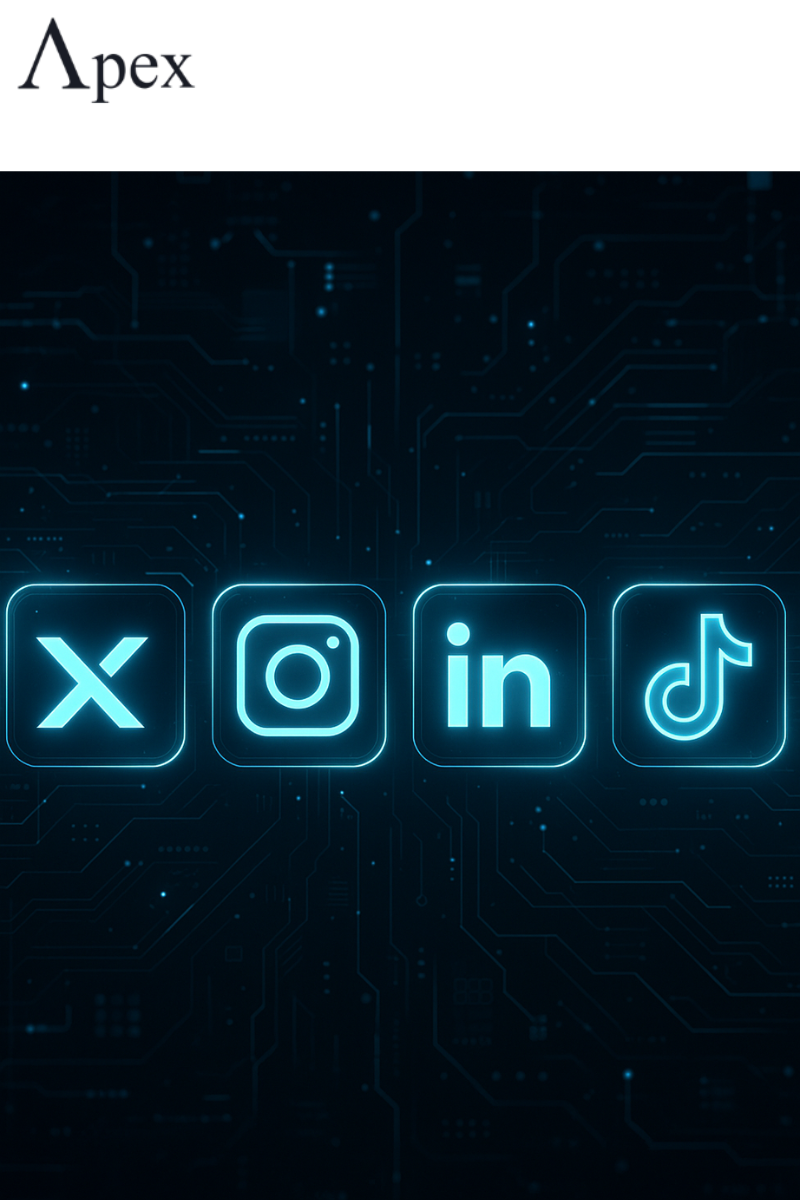 X and Other Social Media Platforms Digital neon icons of X, Instagram, LinkedIn, and TikTok on a dark tech background