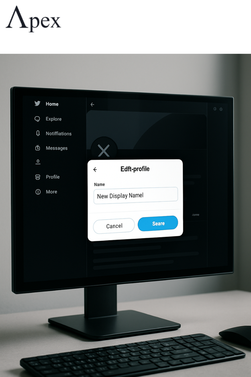 Desktop screen showing X profile edit window to change display name