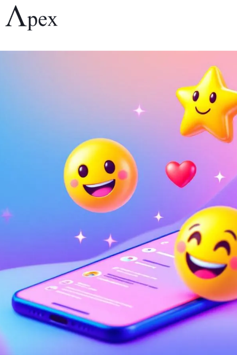 Colorful 3D emojis floating around a smartphone screen with social media app open