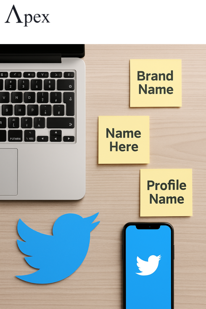 Laptop, phone with Twitter logo, and sticky notes with brand, name, and profile name