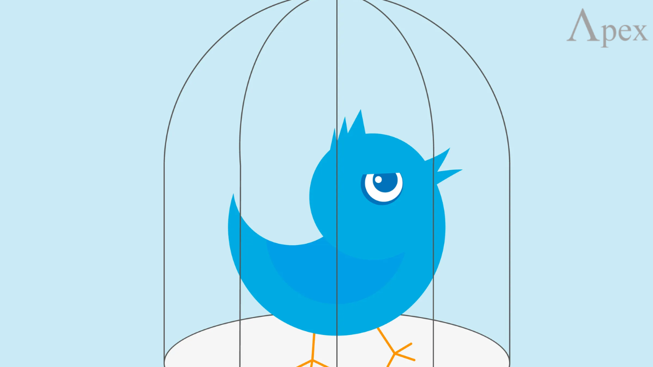 Blue Twitter bird trapped inside a cage, symbolizing restriction or limited freedom.