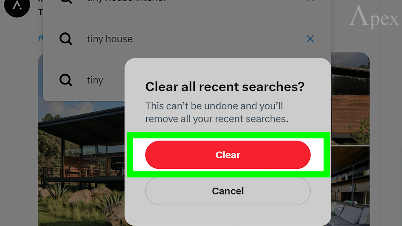 Twitter app prompt asking to clear all recent searches with a red clear button.