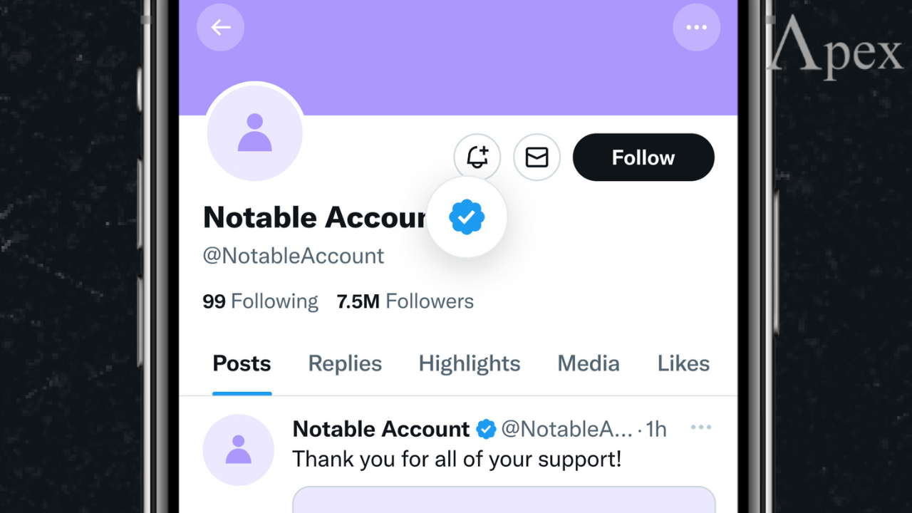 Twitter profile with verification badge Twitter profile screen with a verified account badge and follower count.