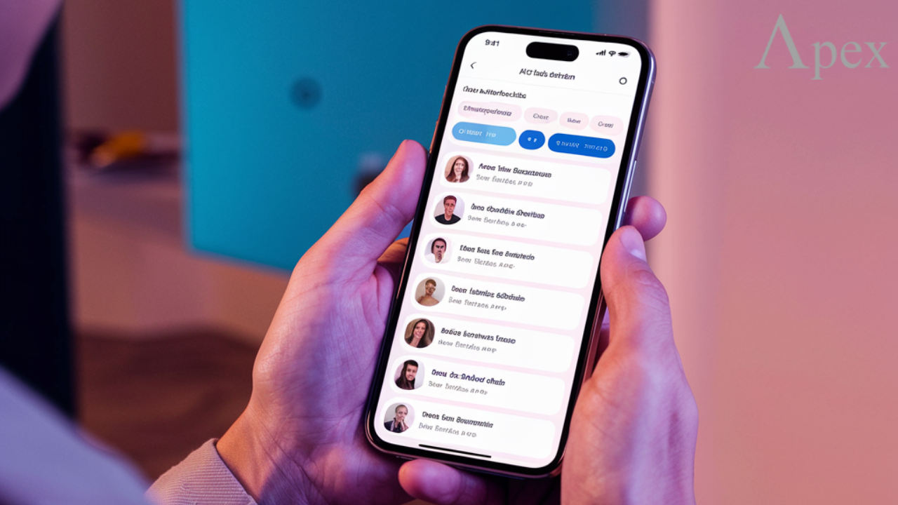 Browsing profiles on a social media app Person holding a smartphone displaying a social media app interface with user profiles.