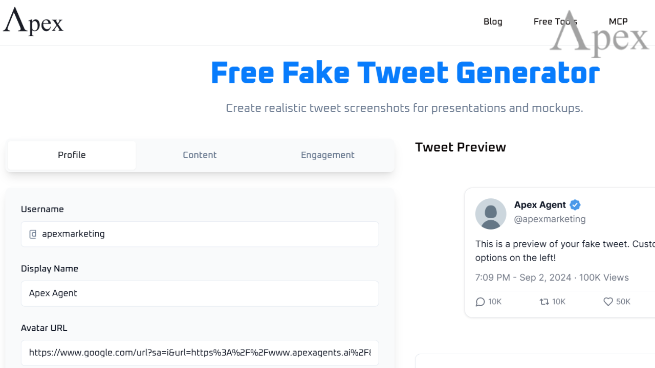 Screenshot of a free fake tweet generator tool showing username, display name, and tweet preview.