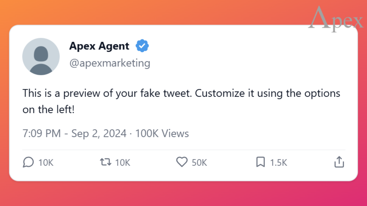 Example of a fake tweet preview showing a sample post with username Apex Agent and engagement stats.