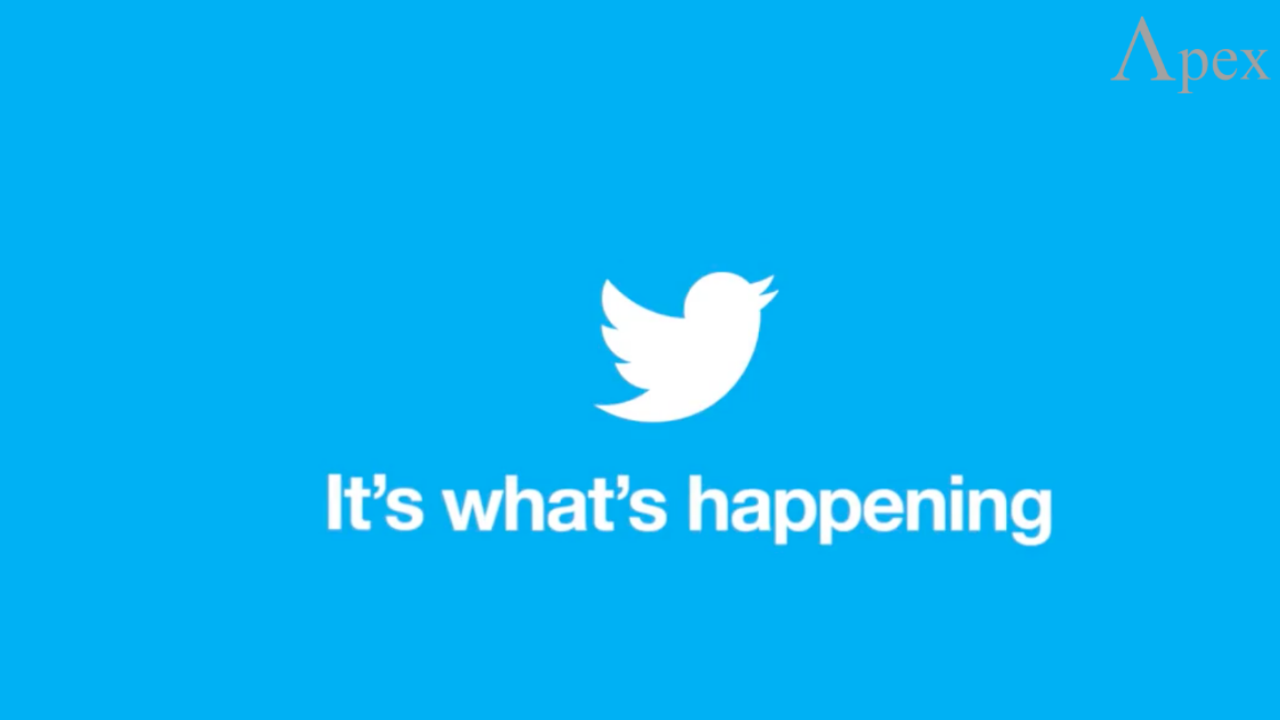 Twitter logo with the slogan It's what's happening on a blue background.