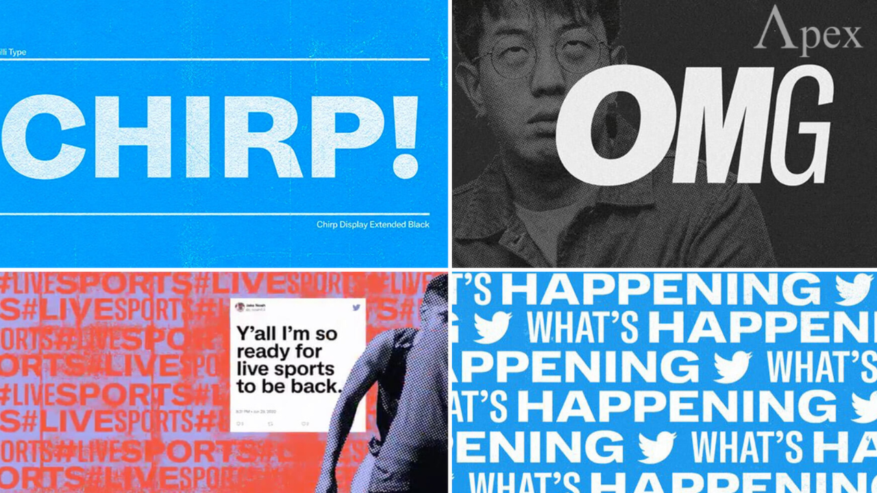 Twitter branding collage showing the Chirp font, slogan It's what's happening, sports tweets, and bold typography in Twitter blue and white.