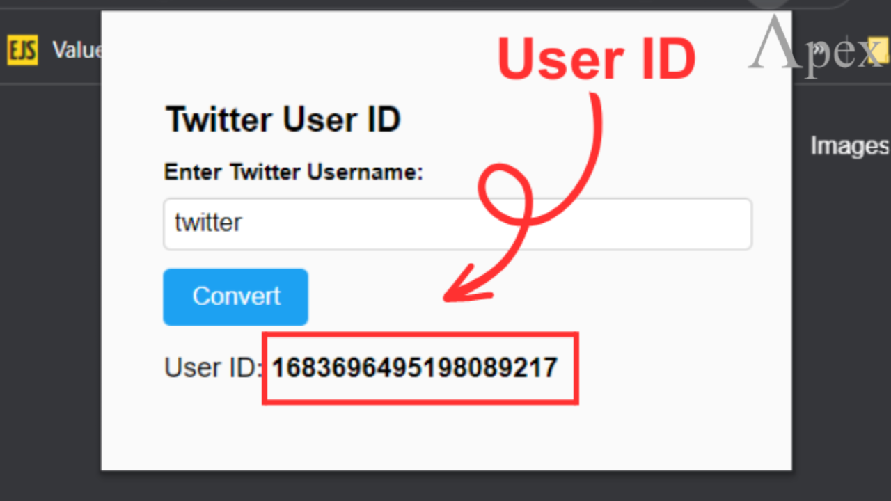 Twitter User ID lookup tool showing the username 'twitter' converted into a numerical user ID 1683696495198089217