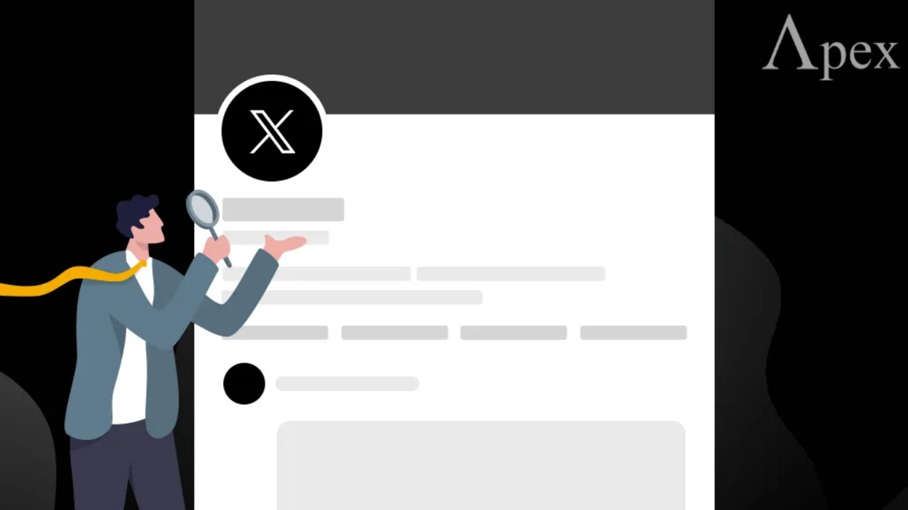 Illustration of a person with a magnifying glass examining an X social media profile.