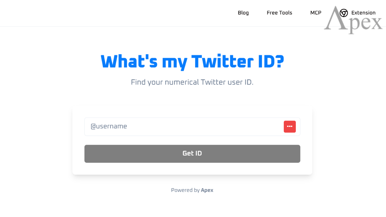 Webpage interface asking 'What's my Twitter ID?' with a field to enter a username and a button labeled Get ID.