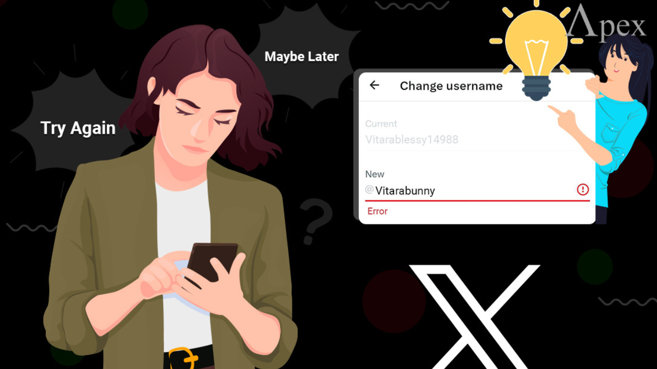 Illustration of a person trying to change their X username on a phone, showing an error message with suggestions like Try Again and Maybe Later.
