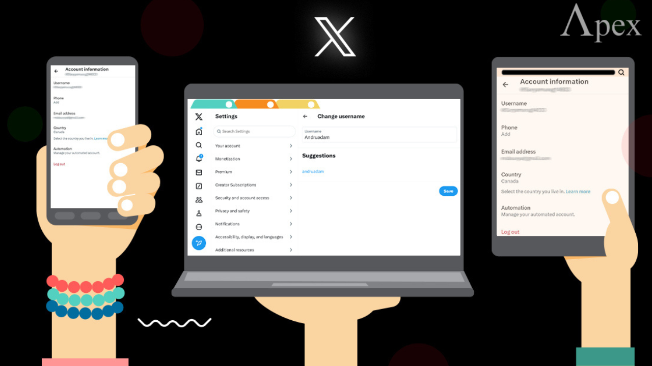 Illustration showing X account settings on laptop and mobile devices, with username change options and account information screens.