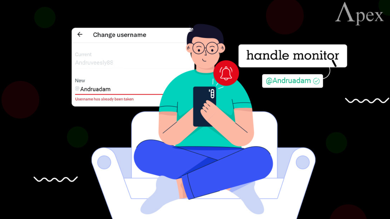 Illustration of a person sitting with a phone trying to change their username on X, receiving a notification that the username is already taken.
