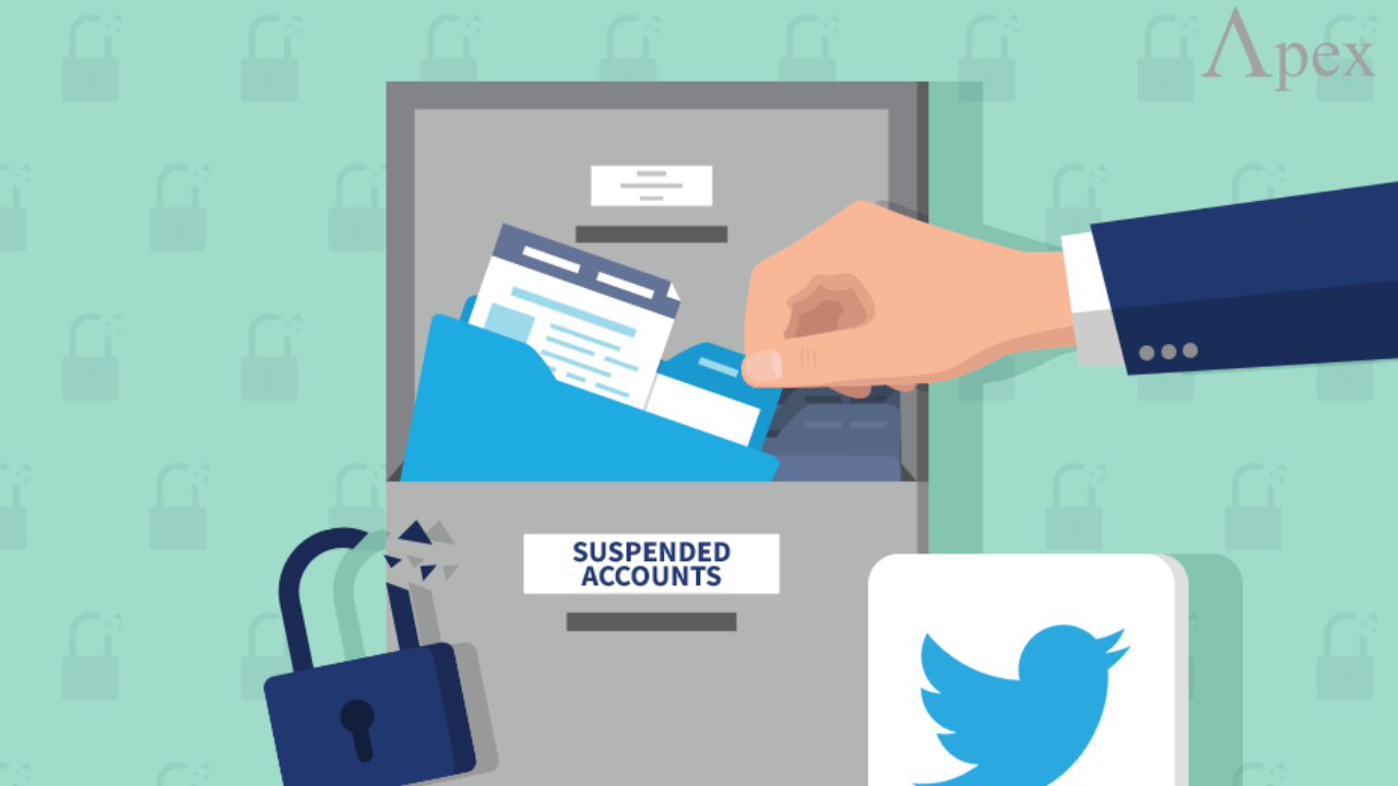 Illustration of a hand placing files into a cabinet labeled 'Suspended Accounts', symbolizing locked Twitter profiles.